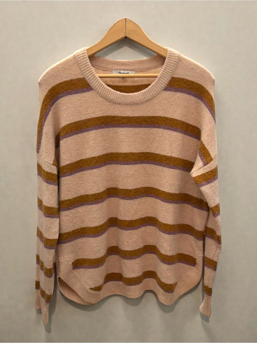 Madewell Blush Pink Crewneck Sweater with Mustard and Lavender Stripes